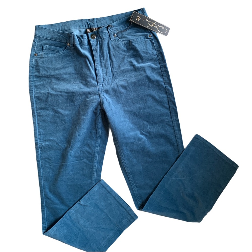 NWT DG2 By Diane Gilman Plush Velvet Blue Straight Leg Pants Jeans